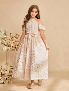 Vestido elegante y lujoso de color rosa con diseño de hombros descubiertos, cintura ceñida y ajuste cómodo para niñas preadolescentes - Rosa - Ver 4