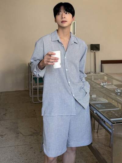 メンズ マルチカラー 長袖シャツ ショーツTシャツセット、夏