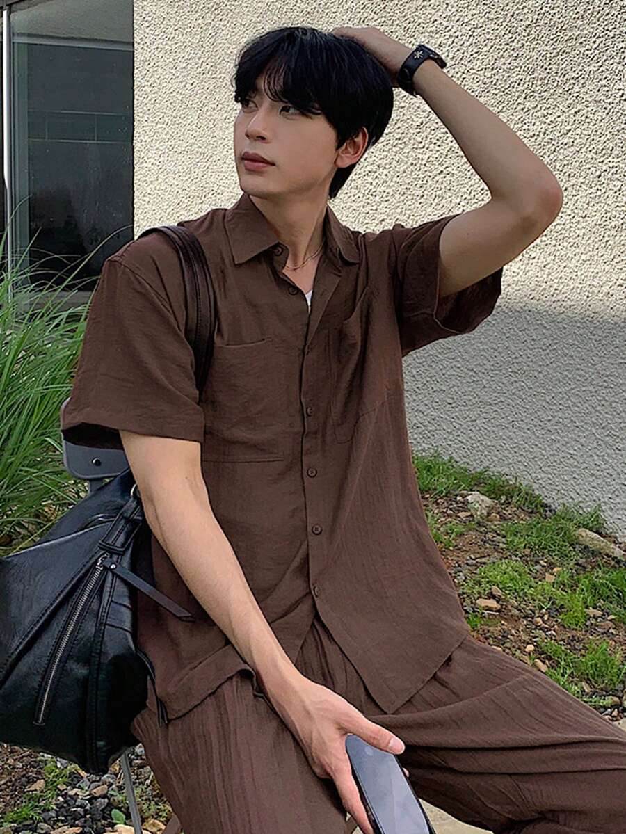 DAZY Bộ áo sơ mi ngắn tay màu nâu cho nam, gồm áo và quần, thích hợp cho mùa xuân/hè. - màu nâu - Xem 1