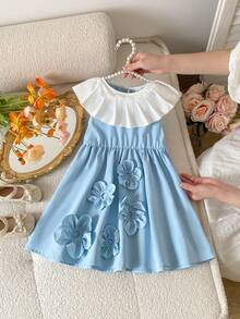 SHEIN Vestido holgado con volantes en el bajo y contraste de color tejido, adecuado para primavera y verano para niña joven - Azul - Ver 4