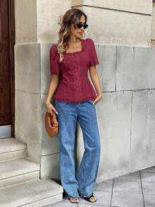 Pariaura 女士优雅法式蕾丝拼接棉质短袖衬衫 - 酒紅色 - 查看 8