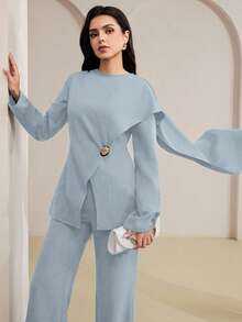 Veilorie Women's Elegant Elegant Casual Office Commute Solid Color 2 In 1 Loose Long Sleeve Shirt, Spring/Autumn - Blue - View 2