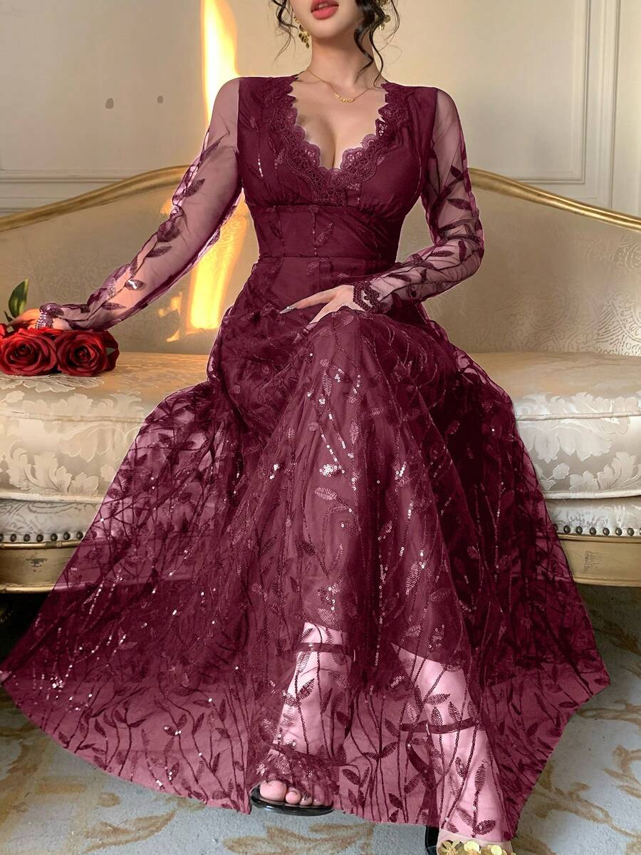 春夏闪亮水钻优雅蕾丝中长连衣裙，修身腰身，适合情人节、婚礼、派对、正式场合，黑色 - 酒紅色 - 查看 1