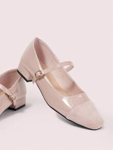 CUCCOO DOLLMOD 复古方头拼接玛丽珍鞋 女款 法式单字扣 天鹅绒气质粗跟通勤高跟单鞋 - 淺粉色 - 查看 2