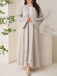 Veilorie 大码女式花卉刺绣优雅长袖长袍 - 灰色 - 查看 7