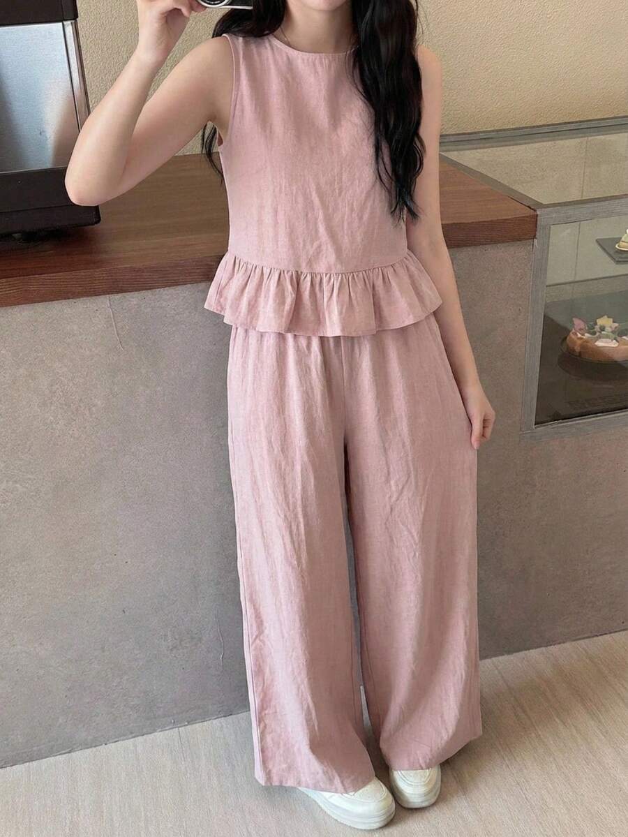 Bộ áo thun không tay và quần dài màu trơn dành cho thiếu nữ - Hồng - Xem 1