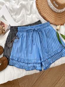 GlowEve 女士夏季度假休闲条纹荷叶边短裤 - 藍色 - 查看 4