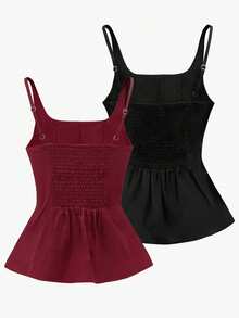 INAWLY 2pcs Women Summer Casual Vacation Daily Commute Minimalist Solid Color Square Neck Peplum Hem Tank Top - Multicolor - View 2