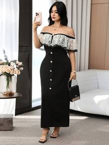 Feyla Plus Size Elegant Contrast Color Lace Patchwork Off-Shoulder Dress, Summer - Multicolor - View 11