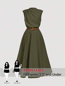SHEIN PETITE CURVE 大码女式纯色立领褶皱优雅连衣裙 - 軍綠色 - 查看 2