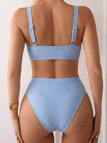 Swim Vcay 女士夏季沙滩度假条纹印花交叉裹胸比基尼套装 - 藍色 - 查看 2