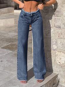 EURMUSE 100%Cotton Rigid, Belt Detailed Wideleg Fit - Light Wash - View 5