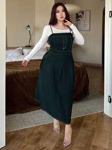 Dazy Plus Vintage Washed Elastic Fitted Pleated Sleeveless Denim Slip Dress, Casual For Spring/Summer/Autumn - Dark Wash - View 7