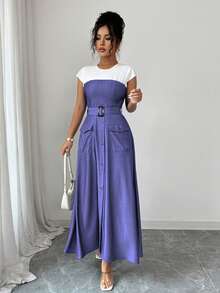 Rafferiza 优雅日常通勤口袋装饰纽扣圆领连帽腰带修身蓝白长裙 - 灰藍色 - 查看 6