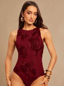 Silquee 棕色3D立体花卉刺绣无袖性感优雅女士连体衣，无袖连体衣，外穿连体衣，适合情人节、圣诞节、约会、派对、婚礼伴娘、鸡尾酒会、浪漫正式场合等场合。 - 酒紅色 - 查看 1