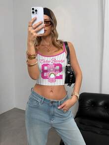 SHEIN X Care Bears Women's Colorblock Trim Spaghetti Strap Cute Cartoon Pattern Full-Width Camisole, - White - View 4