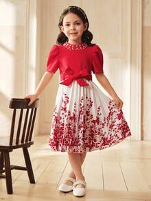 SHEIN Red Polyester Young Girl A Line Midi Dress With Stand Collar And Puff Short Sleeves Flared Hem Plant Pattern For Everyday Casual - Red - View 7