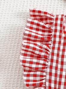 SHEIN Vintaside Kids 小女孩可爱格子印花短袖连衣裙和发带 - 紅色 - 查看 3