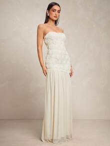 Silquee 春夏白色3D玫瑰花卉不对称拼接薄纱连衣裙，性感优雅，适合鸡尾酒会、浪漫约会、各种活动。 - 杏色 - 查看 5