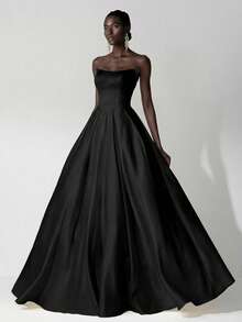 SHEIN Belle Đầm maxi nữ thanh lịch, lãng mạn màu đen bằng satin, không dây vai, phần thân trên xếp ly, dây buộc phía sau có thể điều chỉnh, đường may tinh tế, phù hợp cho tiệc tùng, sự kiện trang trọng, hẹn hò. - màu đen - Xem 5