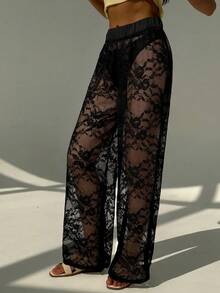 Aloruh Conjunto de camisa de manga corta con escote en V sexy y pantalones rectos de encaje transparente para mujer, para el verano - Negro - Ver 6