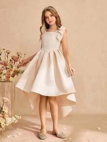 Girls' Apricot Color Asymmetric Hem Dress With Bow Decor, Midi Length Children's Formal Wear Teen Girl Elegant Dress Beige Cocktail Dress For Tween Ivory Tween Dress Elegant Dress For Tweens Tween Champagne Easter Dress Elegant Spring Tween Dress Cream Dress For Girls Beige Formal Dress For Girl - Apricot - View 4