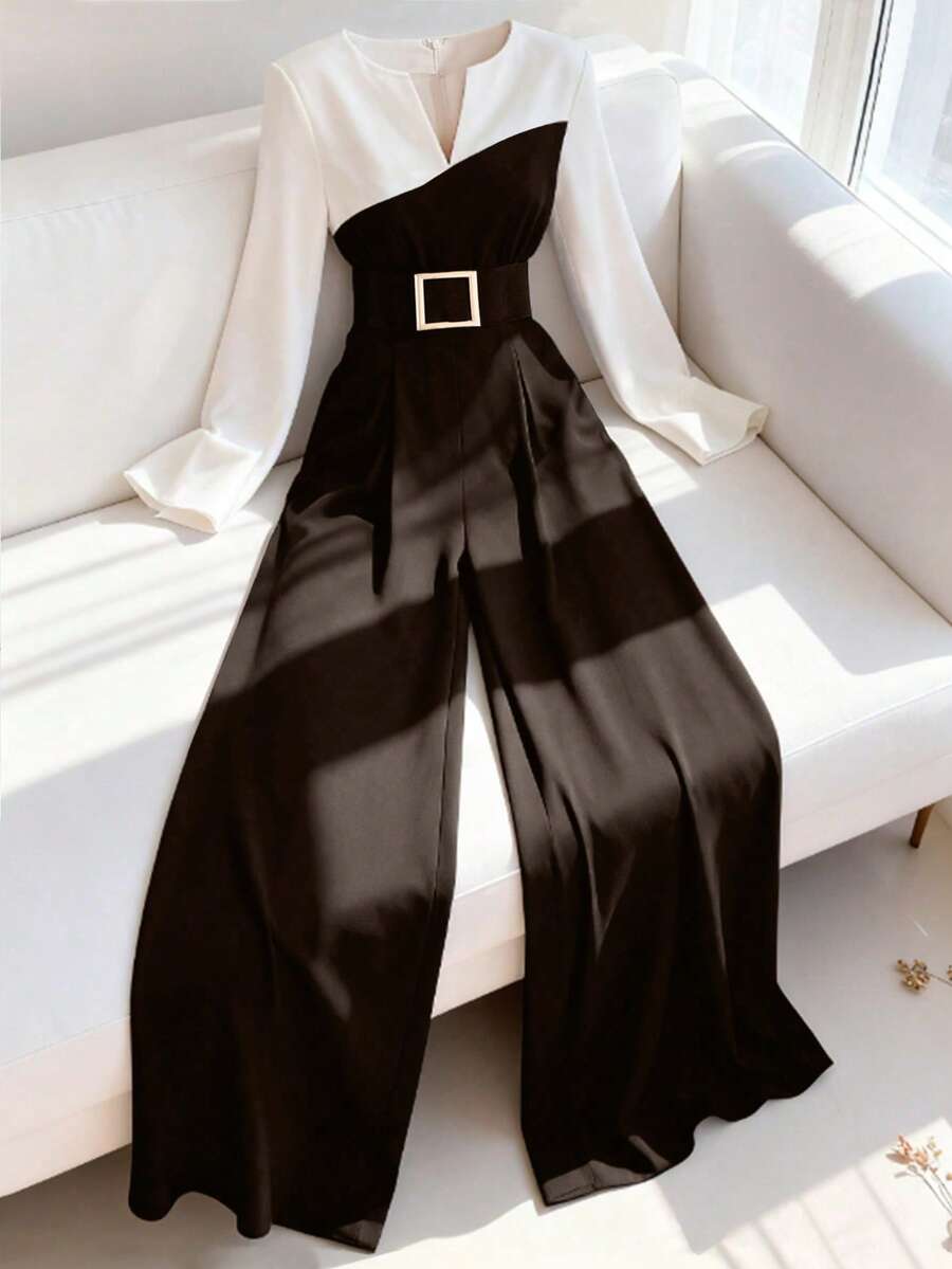 GlowEve Women's Elegant And Versatile Long Sleeve Black & White Patchwork Jumpsuit For Commuting - Brown - View 1