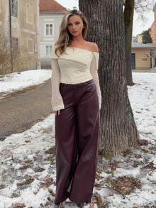 Jeta Ari 女士时尚纹理露肩褶饰修身长袖上衣 - 杏色 - 查看 5