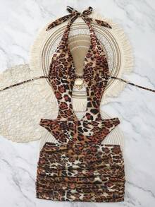Swim SXY 2pcs Women's Halter Backless Cutout Leopard Print One-Piece Swimsuit With Pleated Mini Skirt Set,Tan,Summer,Casual,Beach,Vacation,Holiday Dress - Multicolor - View 2