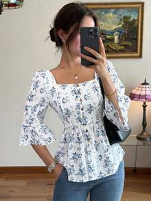 Pariaura 优雅女士蓝白瓷纹复古腰带方领泡泡袖纽扣前襟梭织衬衫 - 藍色 - 查看 1