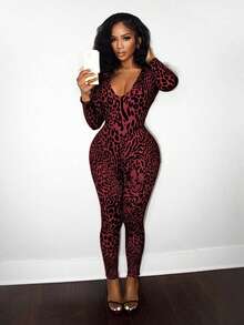 Mistrie Autumn New Vintage Casual Leopard Print Sexy V-Neck Fitted Long Sleeve Jumpsuit For Women Zebra Print Outfit Women Zoo Outfits Women - Burgundy - View 4
