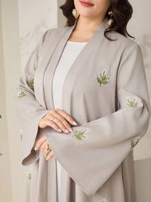 Veilorie 大码女式花卉刺绣优雅长袖长袍 - 灰色 - 查看 8