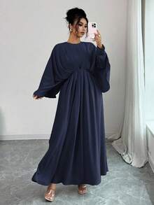 Elenzga 大码女士优雅简约高端休闲连衣裙，适合办公室、通勤、海滩、音乐节、下午茶、赛马会等场合，纯色圆领，腰部荷叶边下摆，蝙蝠袖A字长裙 - 藏蓝色 - 查看 5