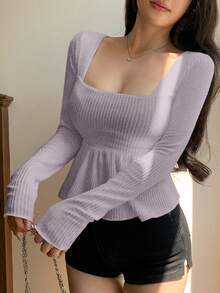 DAZY 女士方领纹理面料A字下摆长袖休闲性感T恤娃娃衫 - 淡紫色 - 查看 3