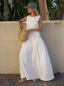 DAZY Women's Round Neck Sleeveless Split Design Waist Cinched Dress, Vacation Style - White - View 1