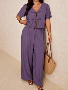Elaquor Plus Size Purple V-Neck Raglan Short Sleeve Loose 2 Pieces Set Holiday Vacation Summer Tropical Boho - Purple - View 6
