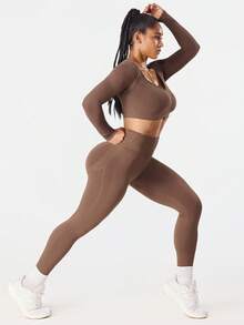 Seamluxe SHEIN Sport Women's Solid Color Long Sleeve Cropped T-Shirt And Leggings Sports Suit - Brown - View 4