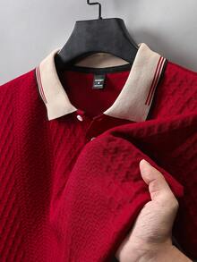 ARLO REED Men's Knitted Jacquard Solid Color Textured Ribbed Collar 3-Button Polo Shirt - Burgundy - View 2