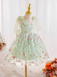 SHEIN Glamorique Kids 花童、生日派对、婚礼、节日礼服、女童公主裙、幸运大蝴蝶结、花卉网纱蓬蓬裙、参加派对或特殊场合、华丽连衣裙、可爱、美丽、四季皆宜、复活节、夏季、优雅派对礼服 - 綠色 - 查看 8
