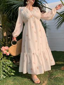 Plus Vestido de mujer de talla grande con estampado de dibujos animados, volantes en la cintura, estilo de vacaciones, vestido largo de verano/primavera, vestido bohemio - Albaricoque - Ver 2