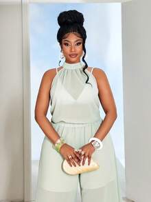 Maweii Plus Size Women's Light Green Sleeveless Top & Wide Leg Pants Two Pieces Set, Elegant Fit For Spring & Summer Office & Casual Outings - Mint Green - View 4