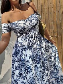 Sunnyshic 大码女式休闲度假蓝色碎花露肩夏季连衣裙 - 藏蓝色 - 查看 1