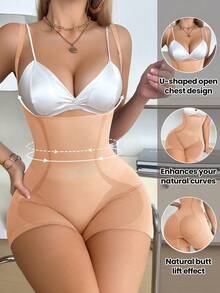 SHEIN 1 buah Bodysuit Wanita Bentuk U dengan Bukaan Dada, Bodysuit Pengontrol Perut untuk Pernikahan, Pakaian Pembentuk Tubuh Pengontrol Perut dengan Tali Bahu yang Dapat Diatur - Aprikot - View 2