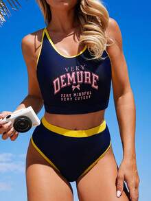 Swim SPRTY Navy Blue Women's Cute Colorblock Swimwear Set,Backless Tank Top & High Waisted Triangle Bottoms,Summer Holiday Beach Party Tummy Control 2 Pieces - Multicolor - View 3