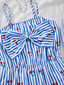 SHEIN Sparklyn 两件套：少女条纹蝴蝶结印花吊带背心和简约连体裤，适合休闲度假穿着，夏季 - 藍色 - 查看 3