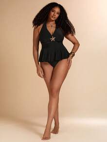SHEIN BAE Plus Size Tank Top Swimwear Set, Black With Ruffles, Perfect For Beach Vacations And Swimming. Beach Outfits For Women Metal Starfish - Black - View 3