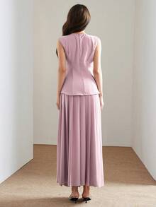 Heiryn Women's Elegant Sexy Minimalist Slit Top And Pleated Skirt 2 Pieces Set, Summer Golf Pastal - Pink - View 4