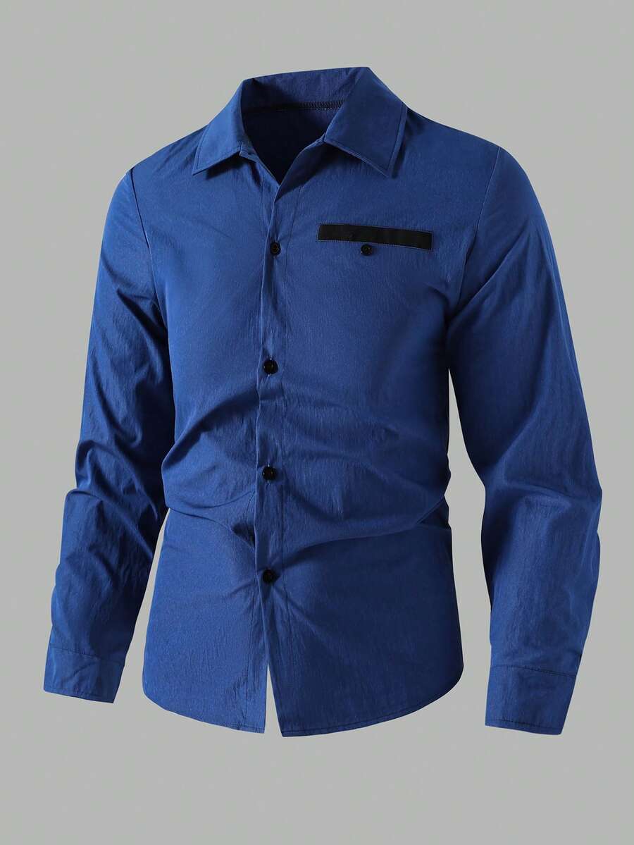 Vacaura 1 pieza Camisa casual de manga larga con cuello, versátil, adecuada para uso diario y para ir al trabajo, para adolescentes - Azul Marino - Ver 1