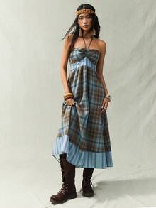 SoleilVie Robe mi-longue de mode bohème pour femmes, avec patchwork à carreaux, robe bustier sans bretelles, design de patchwork taille froncée en forme de A, convient pour les vacances et le port décontracté - Multicolore - Voir 1
