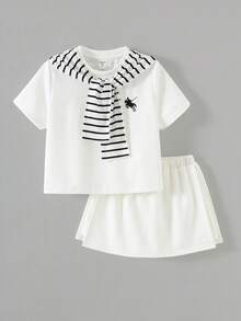 SHEIN Little Byeori 女童休闲时尚圆领短袖上衣搭配二合一短裤 - 白色 - 查看 4